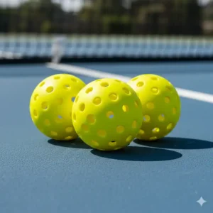 Nahaufnahme von drei hell Pickleball Bälle gelb standard mit 40 Löchern auf einem blauen Platz.