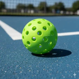 Eine Nahaufnahme eines neuen, perforierten Outdoor-Pickleball-Balles, der für den Test bereit ist. Pickleball Bälle Outdoor Test