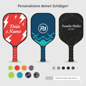 Eine grafische Darstellung, die verschiedene Designelemente für einen personalisierte pickleball schläger zeigt, einschließlich benutzerdefinierter Farben und Muster.