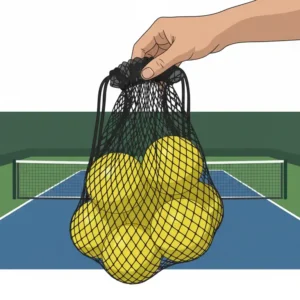 Nahaufnahme des Inhalts: Zehn gelbe pickleball bälle mit tasche aus schwarzem Netzgewebe