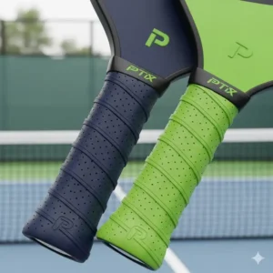ahaufnahme der ergonomischen Griffe eines Pickleball-Paddel-Sets für zwei Spieler, das für ein Doppelspiel entwickelt wurde.  Pickleball Schläger Set 2 Spieler