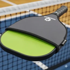 Nahaufnahme eines Pickleball-Schlägers mit seiner Abdeckung, um ihn vor Kratzern zu schützen.
