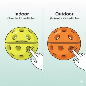 Direkter Vergleich: Ein Pickleball Bälle weiche Oberfläche für innen neben einer harten Outdoor-Variante zur Verdeutlichung der Materialunterschiede.