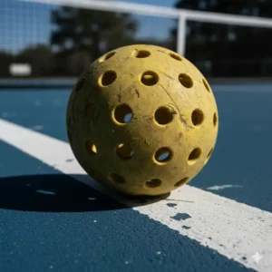 Ein zerkratzter und abgenutzter Outdoor-Pickleball-Ball nach einem intensiven Haltbarkeitstest.
