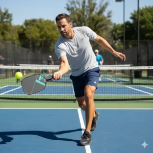Ein Spieler in Aktion, der einen Pickleball-Schläger aus dem Herren-Test schwingt.