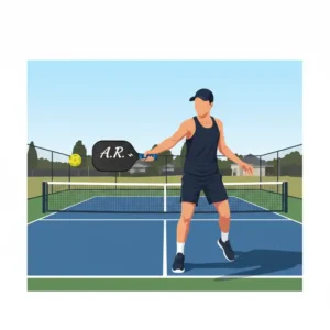 Ein Spieler hält einen pickleball schlaeger der mit seinen Initialen personalisiert wurde, bereit zum Aufschlag.