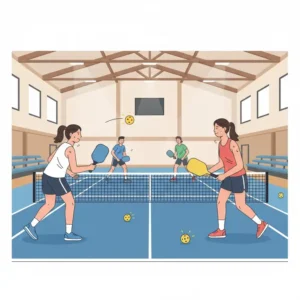 Spieler in einer Halle nutzen speziell für den Innenbereich konzipierte Pickleball Bälle weiche Oberfläche für ein kontrolliertes Spiel.