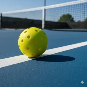 Ein einzelner, Pickleball Bälle gelb standard auf einem Platz, bereit für das Outdoor-Spiel.