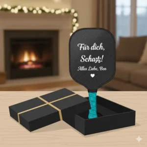 Ein personalisierte pickleball schlaeger in einer Geschenkbox, als ideales Präsent für Pickleball-Enthusiasten.