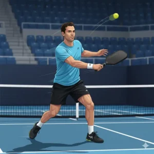 Ein Pickleball Schläger Profi Spieler in Aktion, der einen kraftvollen Schlag ausführt.
