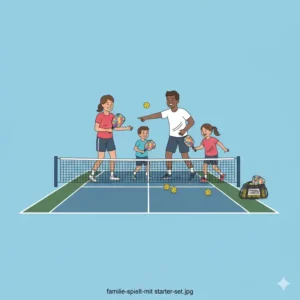 Eine familie genießt das spiel mit dem pickleball bälle starter set auf dem platz.