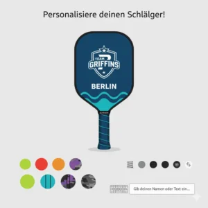 Ein professioneller pickleball schlaeger mit einem individuellen Team-Logo.