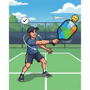 Ein Cartoon eines Anfänger-Pickleball-Spielers, der mit einem empfohlenen bester pickleball schläger anfänger aufschlägt und die richtige Technik hervorhebt.