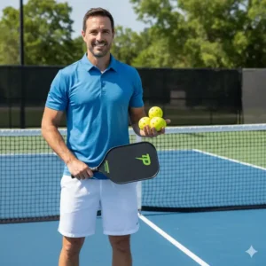 Pickleball-Spieler hält einen Schläger und mehrere Pickleball Bälle gelb standard in der Hand.