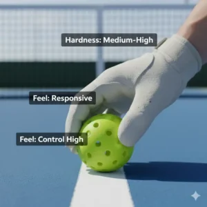 Jemand drückt auf einen Pickleball-Ball, um die Härte und das Spielgefühl für den Test zu prüfen.