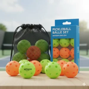 Abbildung des Pickleball Bälle Set Amazon zusammen mit einer Tragetasche oder Netz.