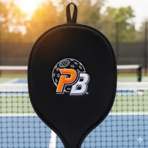 Ein Pickleball-Schläger in einer Hülle, der an einem Haken hängt.