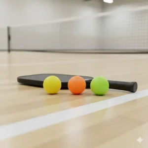 Mehrere Pickleball-Bälle in verschiedenen Farben liegen neben einem Schläger auf dem Hallenboden. Ein Bild, das Käufern hilft, sich vorzustellen, wo sie die besten pickleball bälle indoor kaufen.