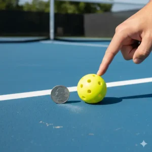 Vergleich von Pickleball Bälle gelb standard mit einer Münze, um die korrekte Größe zu zeigen.