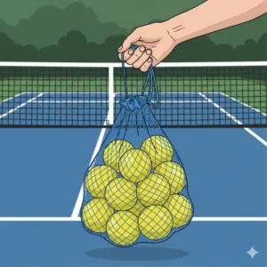 Praktischer Tragebeutel mit Kordel, gefüllt mit pickleball bälle mit tasche, auf dem Spielfeld