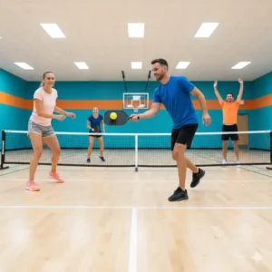 Eine Gruppe von Freunden spielt fröhlich Pickleball in einer Halle. Dieses Bild vermittelt das Gefühl, das man hat, wenn man gute pickleball bälle indoor kaufen hat.