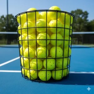 Großer Korb gefüllt mit vielen Pickleball Bälle gelb standard auf einem Platz.