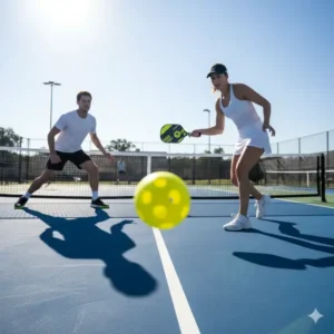 Spieler in Aktion, die Outdoor-Pickleball-Bälle während eines Spiels auf einem sonnigen Platz testen.

