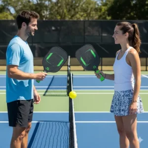 Zwei Personen halten jeweils einen Schläger aus einem neuen Pickleball-Doppel-Schläger-Set, bereit, das Spiel zu beginnen.

