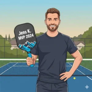 Ein glücklicher Pickleball-Spieler zeigt stolz seinen neuen personalisierte pickleball schlaeger.