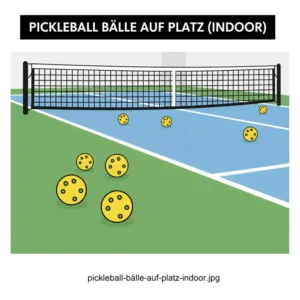 Mehrere pickleball bälle starter set bälle liegen auf einem blauen indoor-spielfeld.