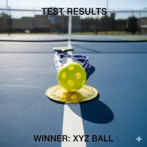 Ein Sieger-Pickleball-Ball liegt neben einer Medaille und symbolisiert die Testergebnisse.