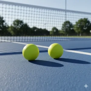 Zwei Pickleball Bälle gelb standard liegen nahe dem Netz auf dem Spielfeld.