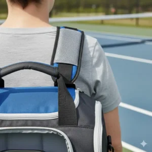 Detailaufnahme des dicken, bequemen Schultergurts für die pickleball schläger tasche gepolstert.
