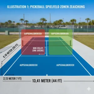 Detaillierte Darstellung der pickleball court dimensions deutsch für die Non-Volley-Zone ('Küche') und die Service-Areale.