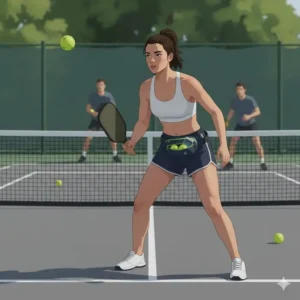 Spieler trägt die kleine Pickleball Gürteltasche während eines Matches auf dem Court.