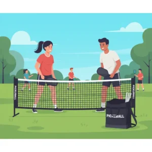 Zwei Spieler bauen das pickleball netz set komplett schnell und einfach auf einem Außenplatz auf.