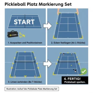 Illustration: Schritt-für-Schritt-Anleitung zum einfachen Aufbau des Pickleball Platz Markierung Set auf einem Tennisplatz oder einer Sportfläche.