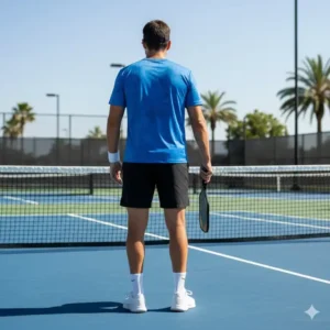 Rückansicht des blauen pickleball t-shirt herren atmungsaktiv, Fokus auf Ventilation.