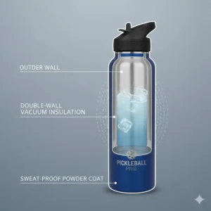 Nahaufnahme der doppelwandigen Isolierung der Pickleball Wasserflasche isoliert.