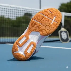 Nahaufnahme der rutschfesten Gummisohle von pickleball schuhe damen leicht, optimiert für schnelle Richtungswechsel.