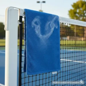 Das pickleball handtuch schnell trocknend hängt am Netzpfosten, um nach Gebrauch zu trocknen.