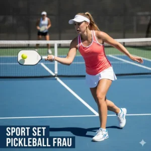 Dynamische Spielerin zeigt ihr Pickleball Kleidung Set Damen beim Aufschlag auf dem Court.