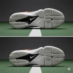 Nahaufnahme der Außensohle im pickleball schuhe herren test, die den hervorragenden Grip und die Traktion auf dem Platz zeigt.