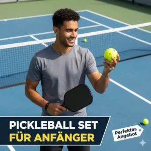 Spieler hält Schläger und einen neuen Pickleball Bälle günstige Angebote – Perfektes Set für Anfänger.