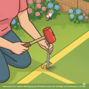 Nahaufnahme der stabilen Befestigung des Pickleball Linienband Garten mit Erdnägeln oder Gewichten.