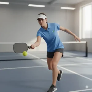 Spielerin in Aktion trägt das sportliche Pickleball Polo Shirt Damen beim Pickleball.