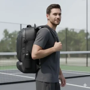 Mann trägt die Pickleball Tasche Rucksack Herren und demonstriert den ergonomischen Tragekomfort.