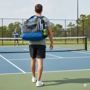 Der Sportler trägt die schwarze pickleball schläger tasche gepolstert bequem auf dem Rücken.