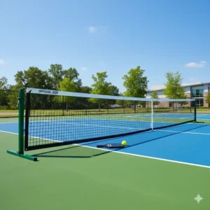 Spieler im Einsatz am pickleball netz outdoor wetterfest auf einer asphaltierten Fläche.