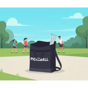 Das komplette pickleball netz set komplett zusammengepackt in der verstärkten Tragetasche, bereit zum Mitnehmen.